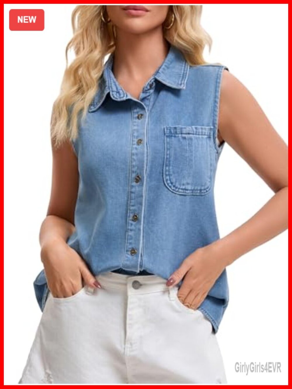 CIMUK Womens Denim Tank Top Sleeveless Button Down Collared Pocket Jean Shirt